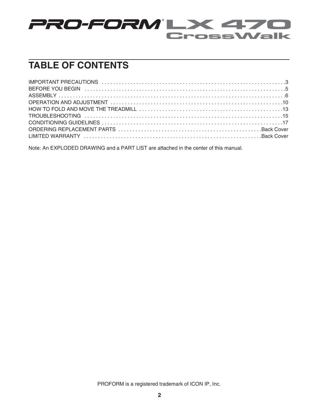 ProForm PFTL312040 user manual Table of Contents 