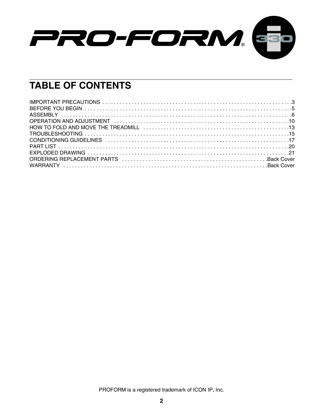 ProForm PFTL31304.0 user manual Table of Contents 