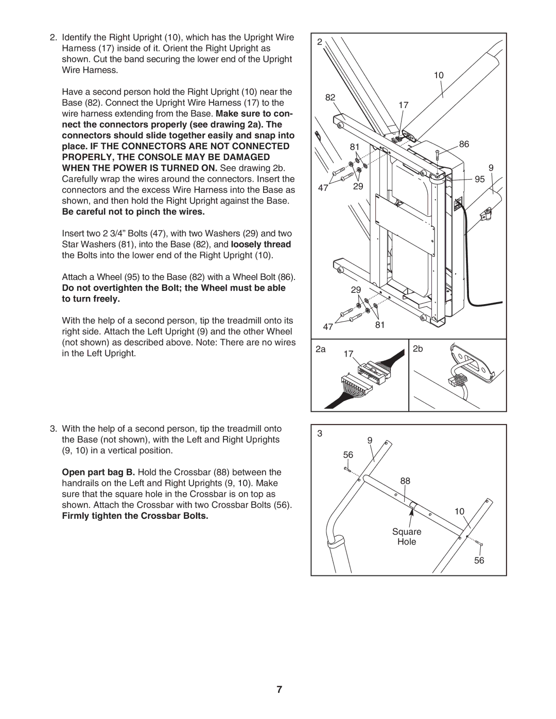 ProForm PFTL31304.0 user manual Be careful not to pinch the wires, Firmly tighten the Crossbar Bolts 