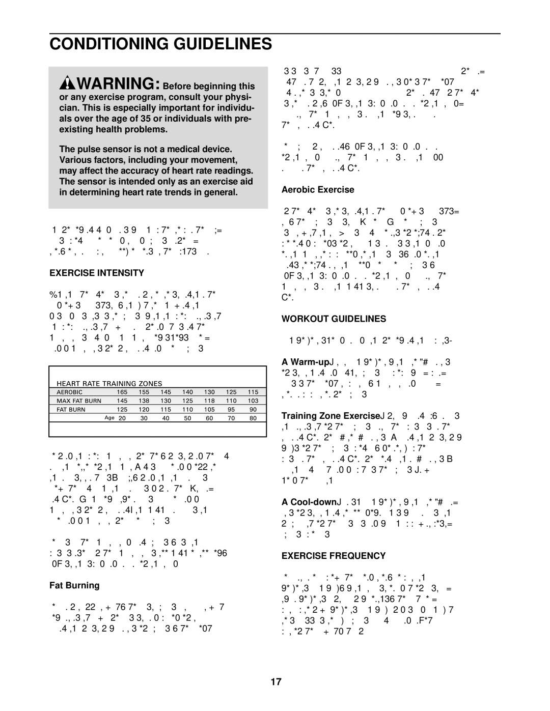 ProForm 325i, PFTL31330 user manual Conditioning Guidelines, Exercise Intensity, Workout Guidelines, Exercise Frequency 