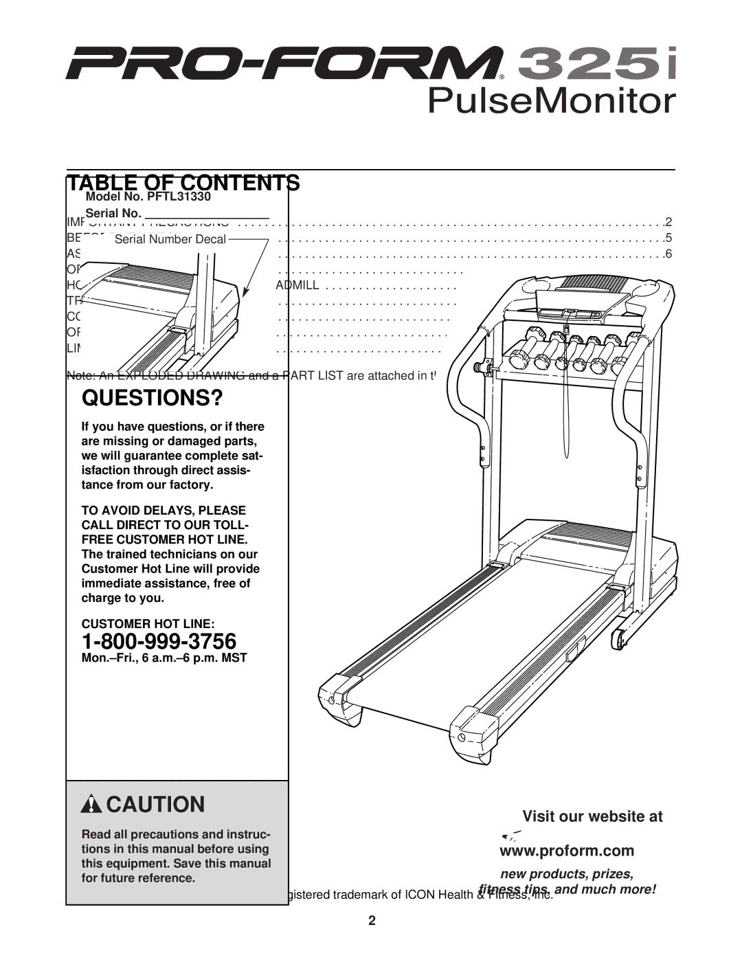 ProForm PFTL31330, 325i user manual Table of Contents 