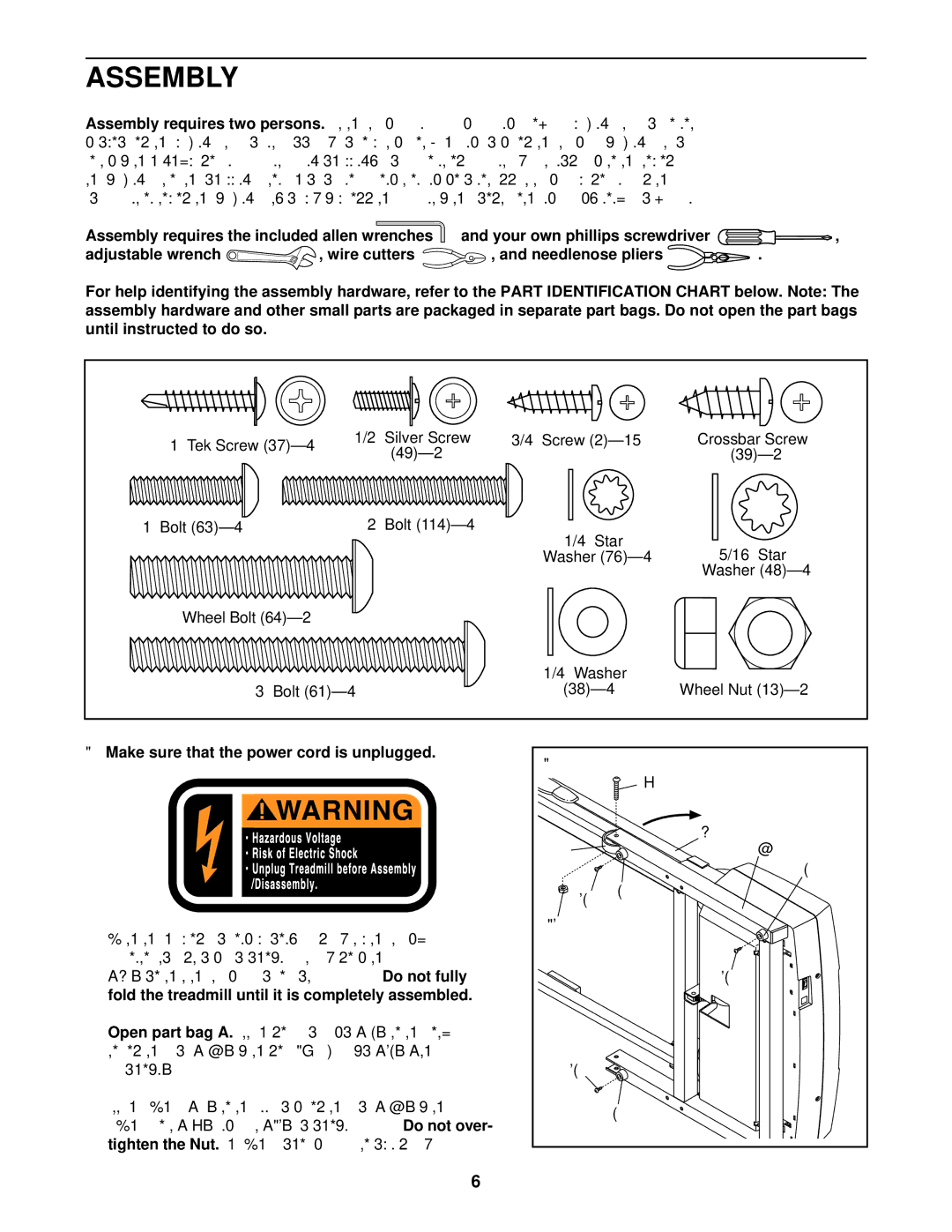 ProForm PFTL31330, 325i user manual Assembly, Adjustable wrench Wire cutters, Until instructed to do so, Tighten the Nut 