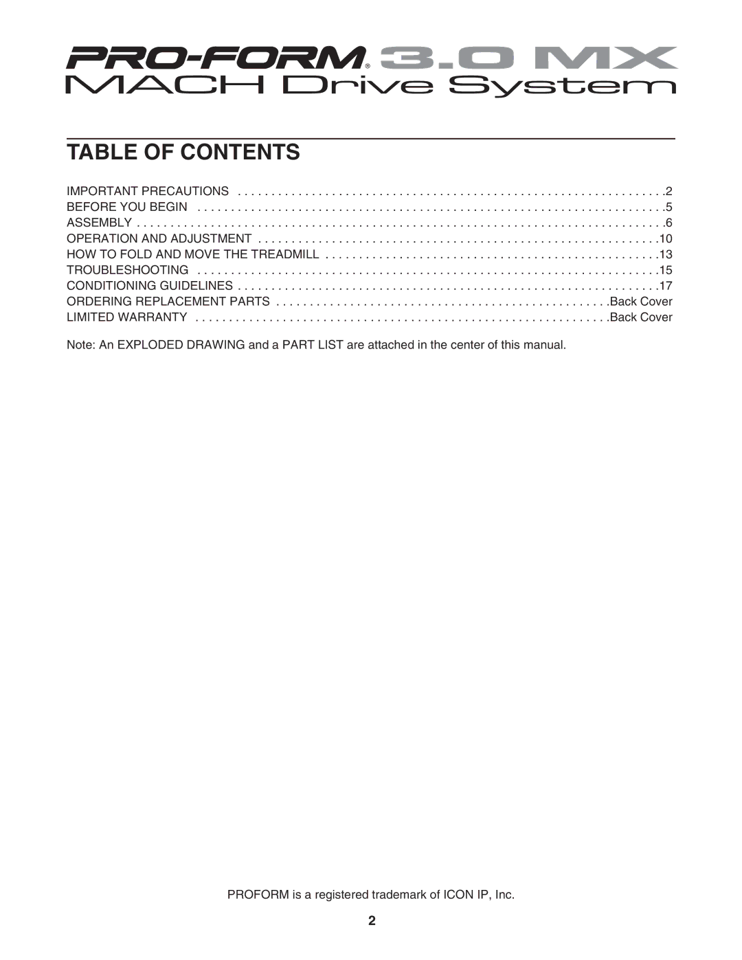 ProForm PFTL313340 user manual Table of Contents 