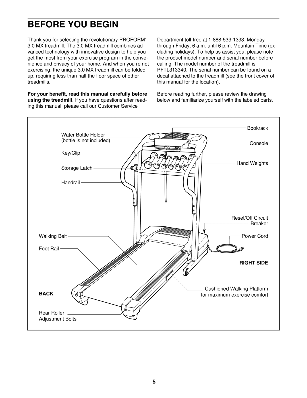 ProForm PFTL313340 user manual Before YOU Begin, Right Side, Back 