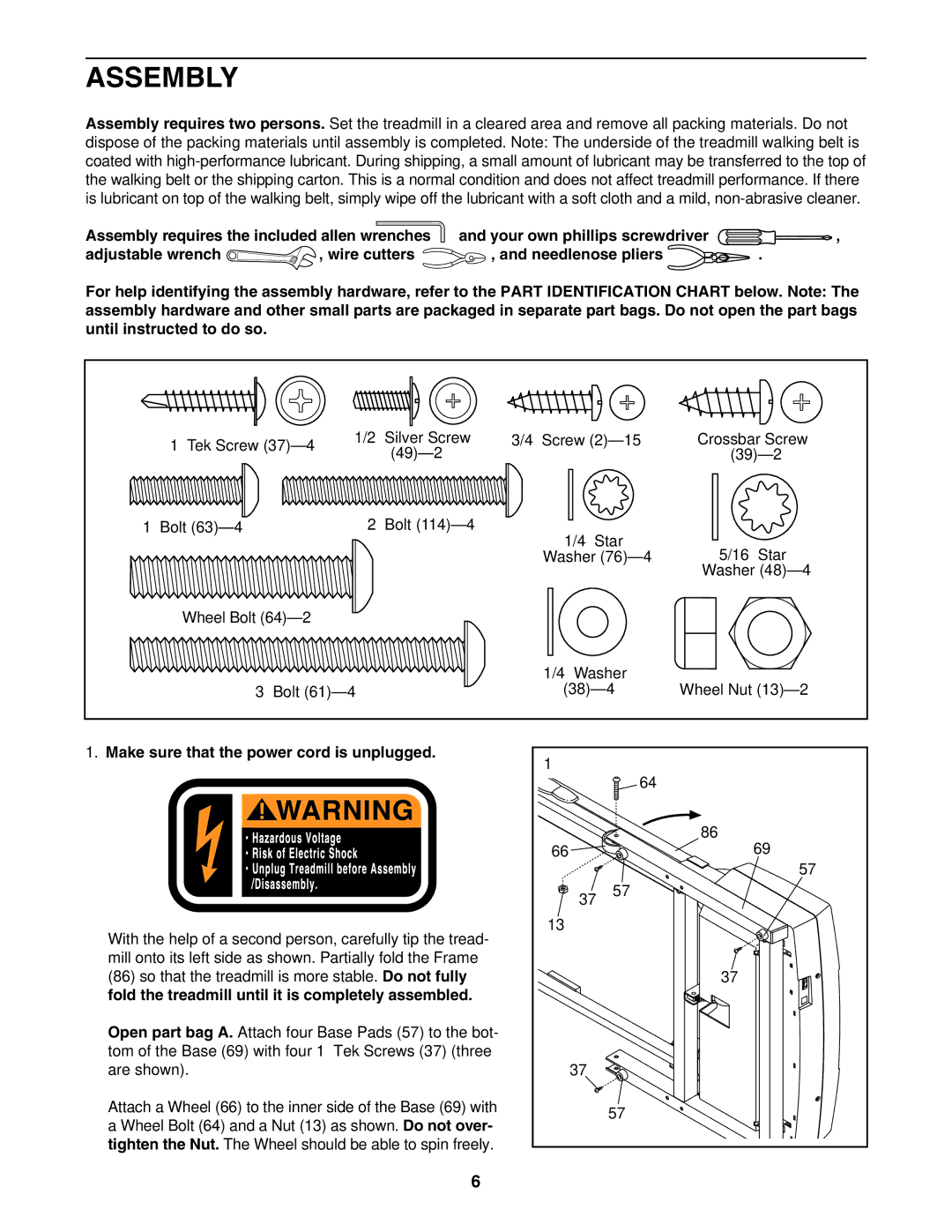 ProForm PFTL313340 user manual Assembly, Make sure that the power cord is unplugged 