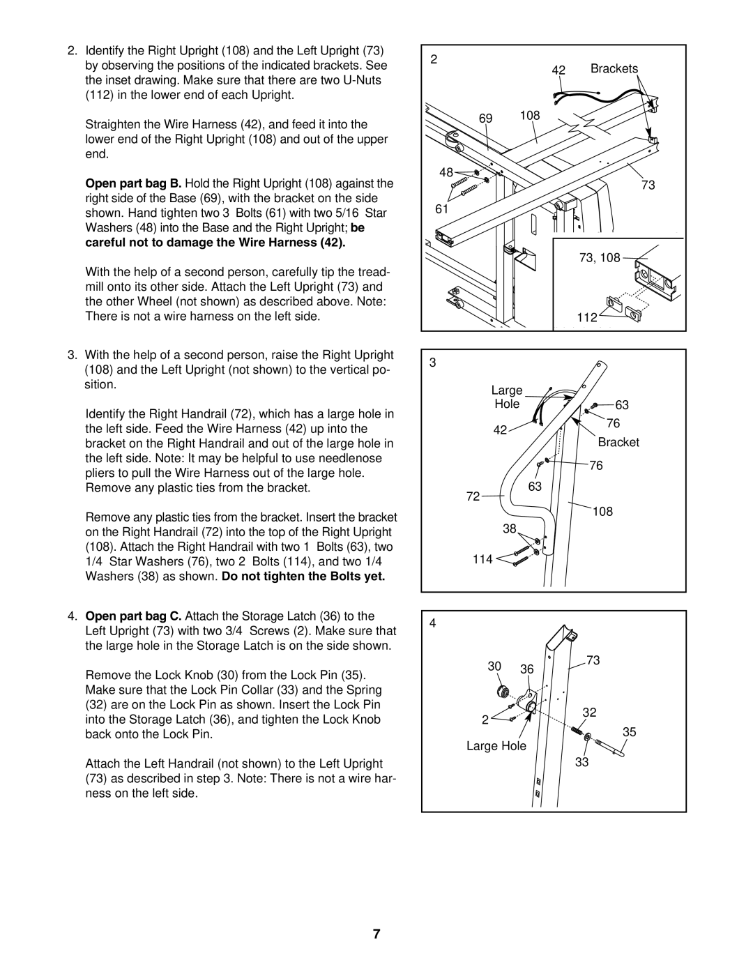 ProForm PFTL313340 user manual Careful not to damage the Wire Harness, Washers 38 as shown. Do not tighten the Bolts yet 