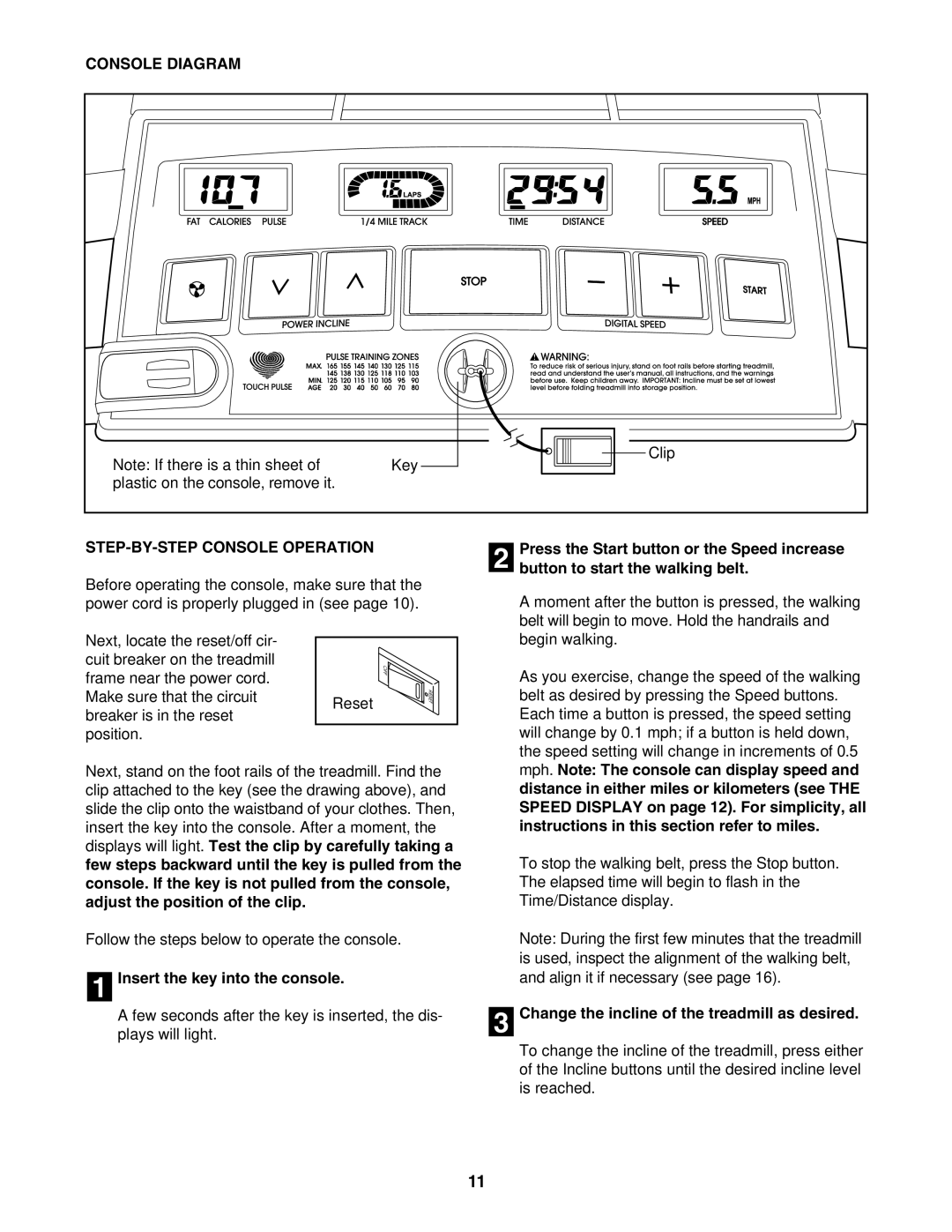 ProForm PFTL314040 Console Diagram, STEP-BY-STEP Console Operation, Change the incline of the treadmill as desired 