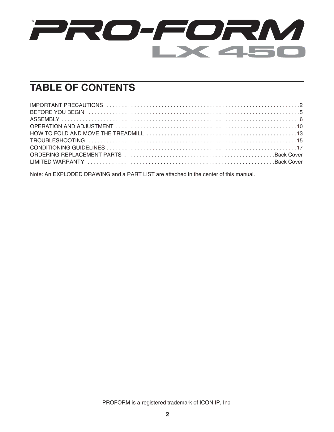 ProForm PFTL314040 user manual Table of Contents 