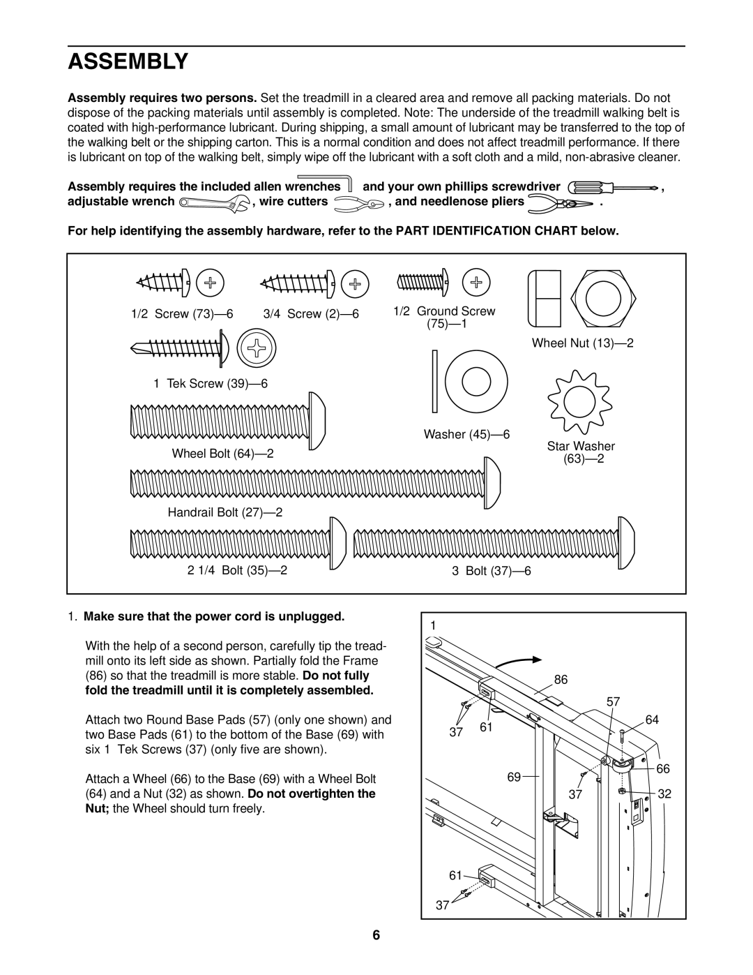 ProForm PFTL314040 user manual Assembly, Make sure that the power cord is unplugged 