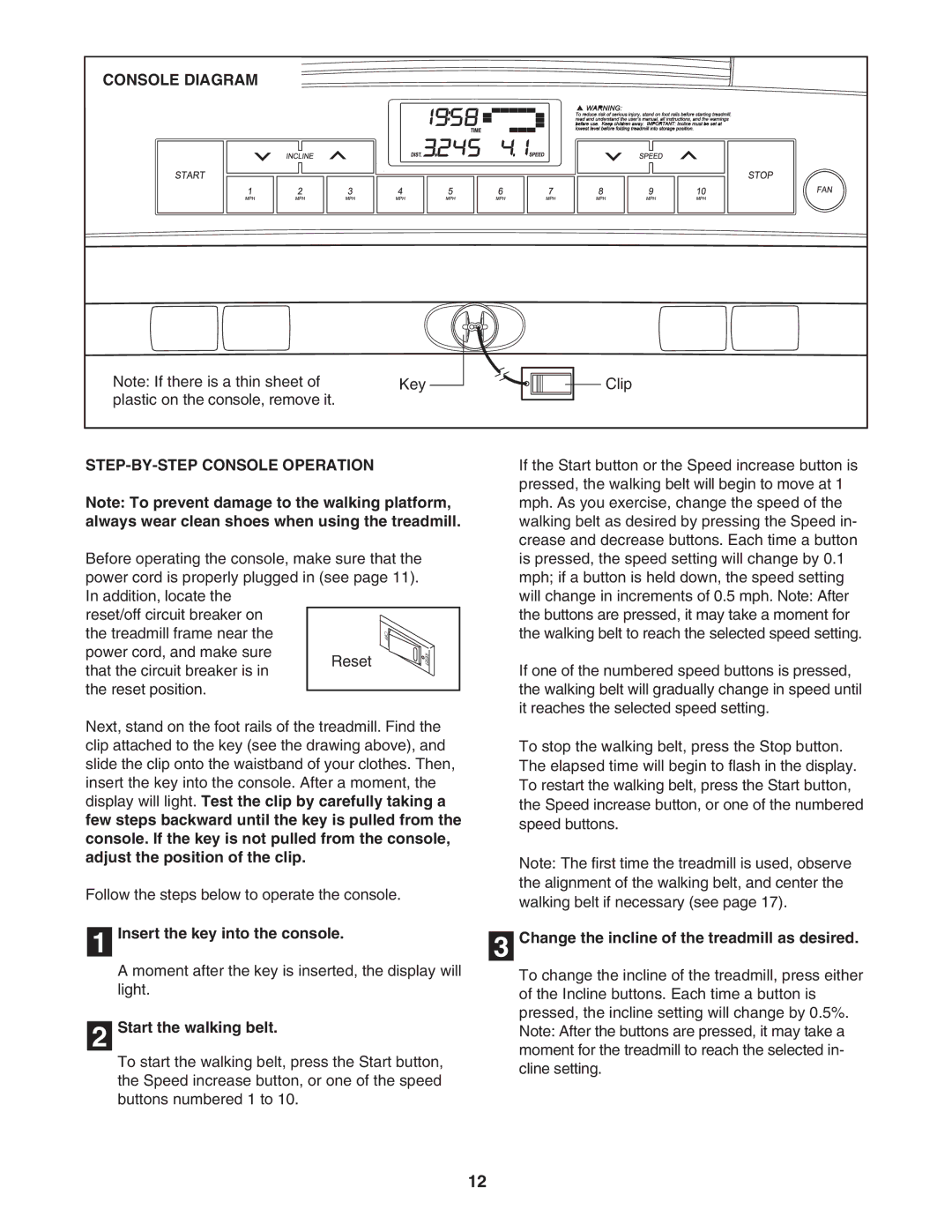 ProForm PFTL33105.0 user manual Console Diagram, STEP-BY-STEP Console Operation, Insert the key into the console 