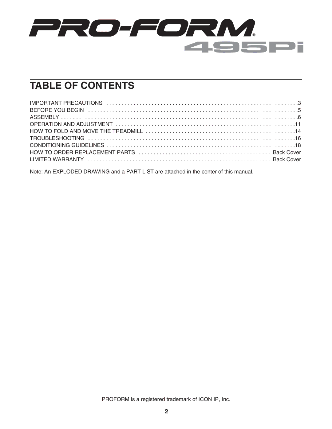 ProForm PFTL33105.0 user manual Table of Contents 