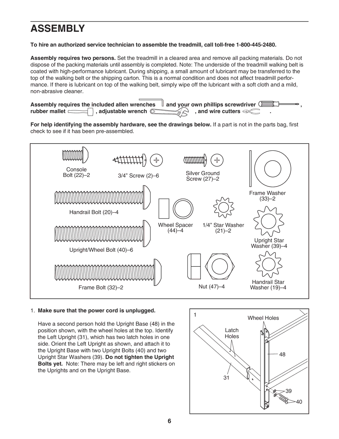 ProForm PFTL33105.0 user manual Assembly, Make sure that the power cord is unplugged 