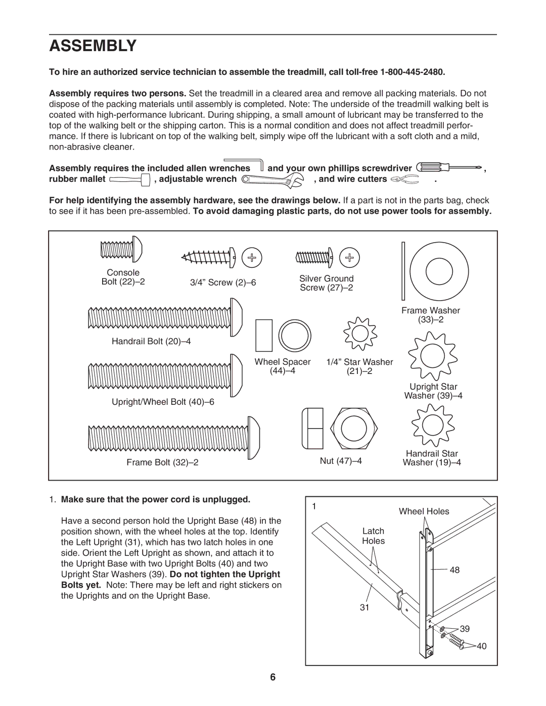 ProForm PFTL33105.2 user manual Assembly, Make sure that the power cord is unplugged 