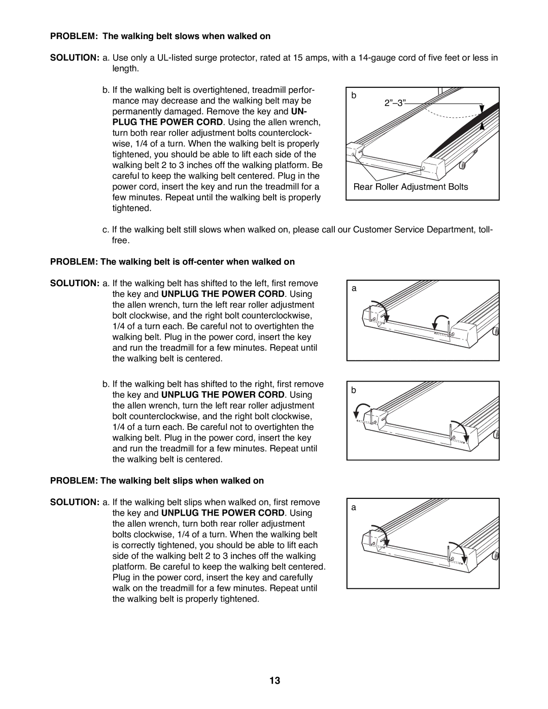 ProForm PFTL38581 Problem The walking belt slows when walked on, Problem The walking belt is off-center when walked on 