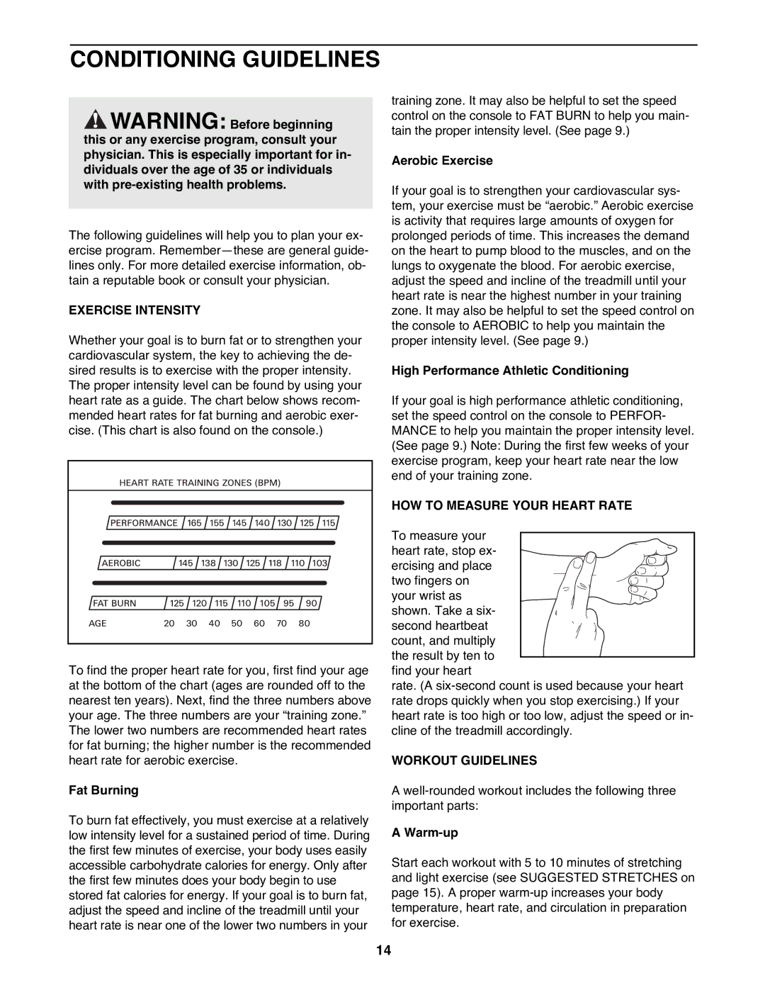 ProForm PFTL38581 Conditioning Guidelines, Exercise Intensity, HOW to Measure Your Heart Rate, Workout Guidelines 