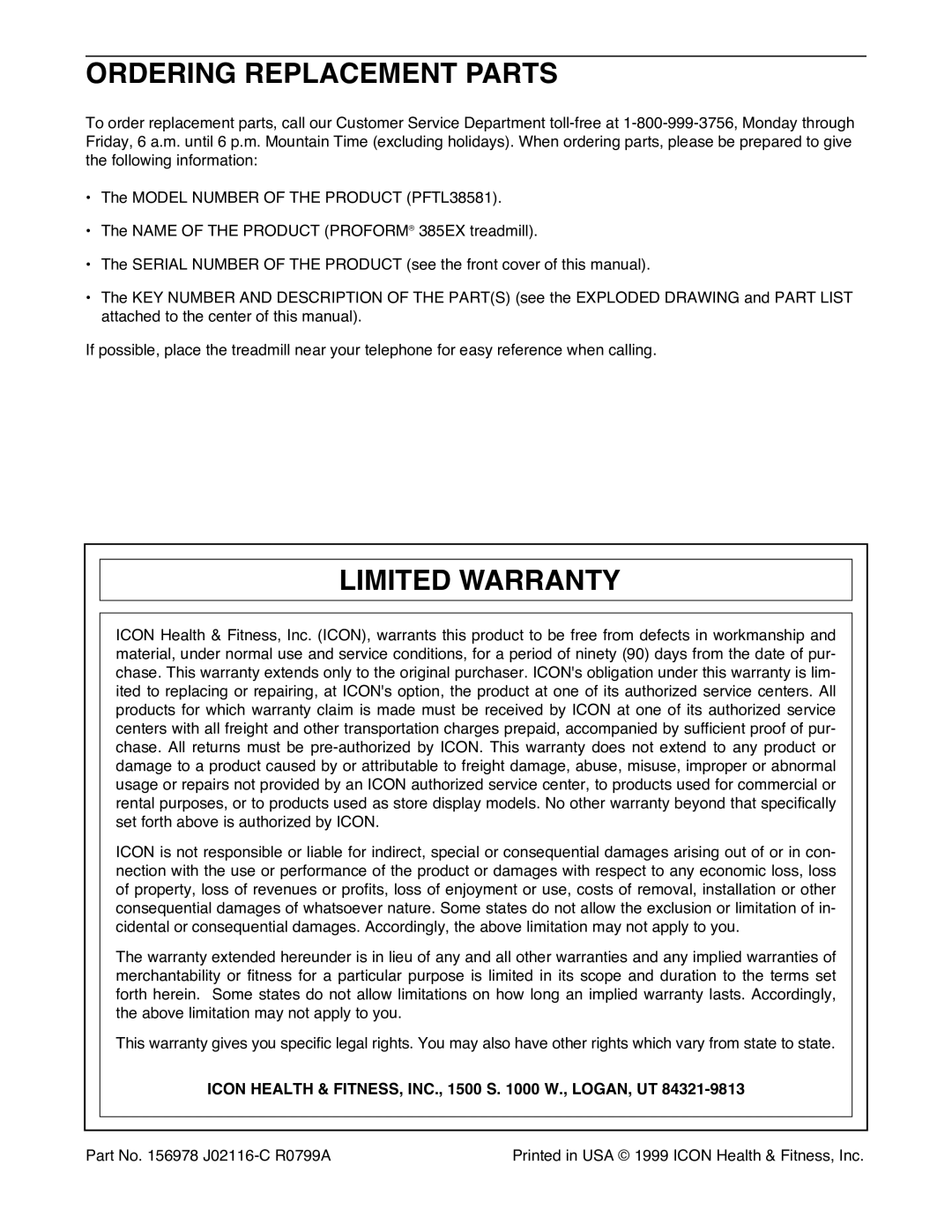 ProForm PFTL38581 Ordering Replacement Parts, Limited Warranty, Icon Health & FITNESS, INC., 1500 S W., LOGAN, UT 