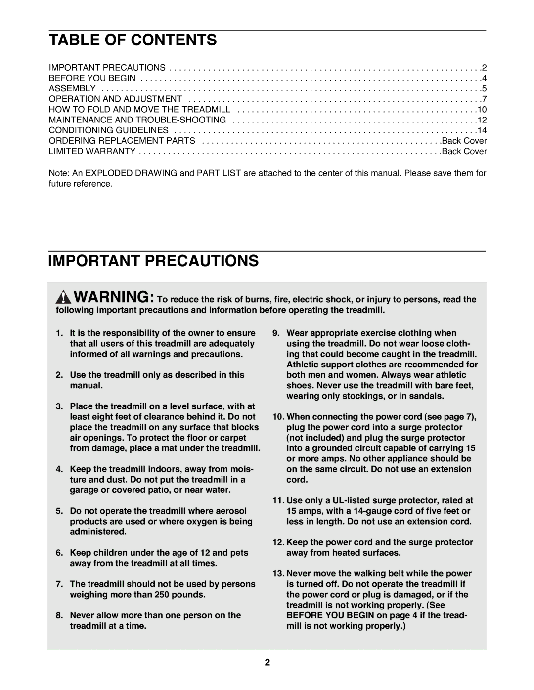 ProForm PFTL38581 user manual Table of Contents, Important Precautions 