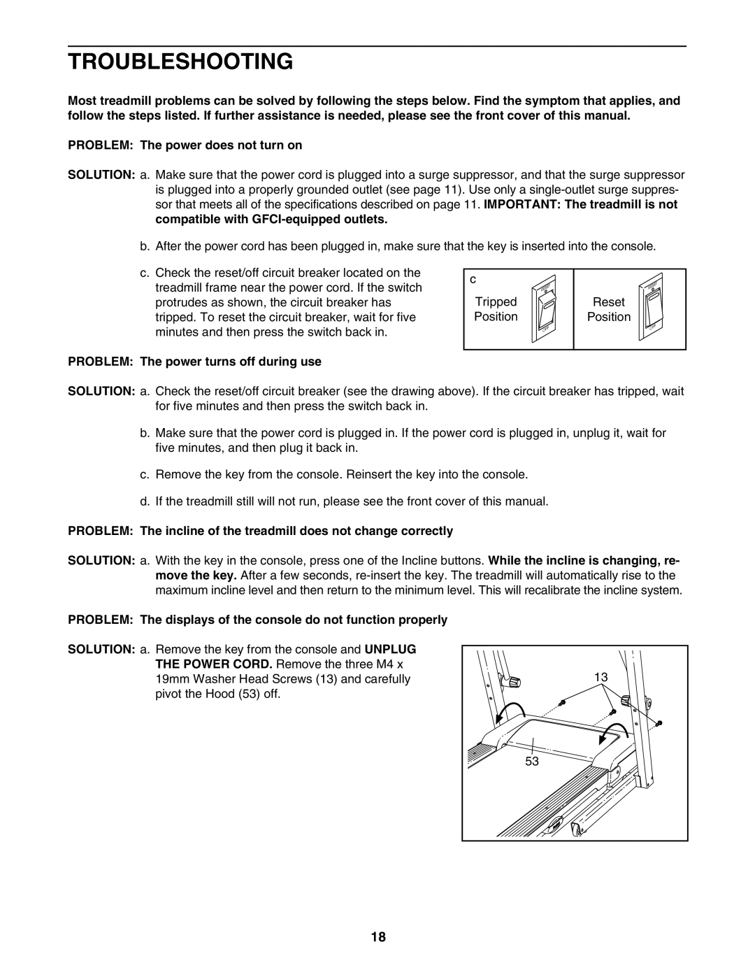 ProForm PFTL39007.0 user manual Troubleshooting, Problem The power turns off during use 