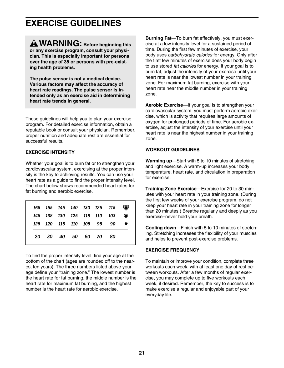 ProForm PFTL39007.0 user manual Exercise Guidelines, Exercise Intensity, Workout Guidelines, Exercise Frequency 