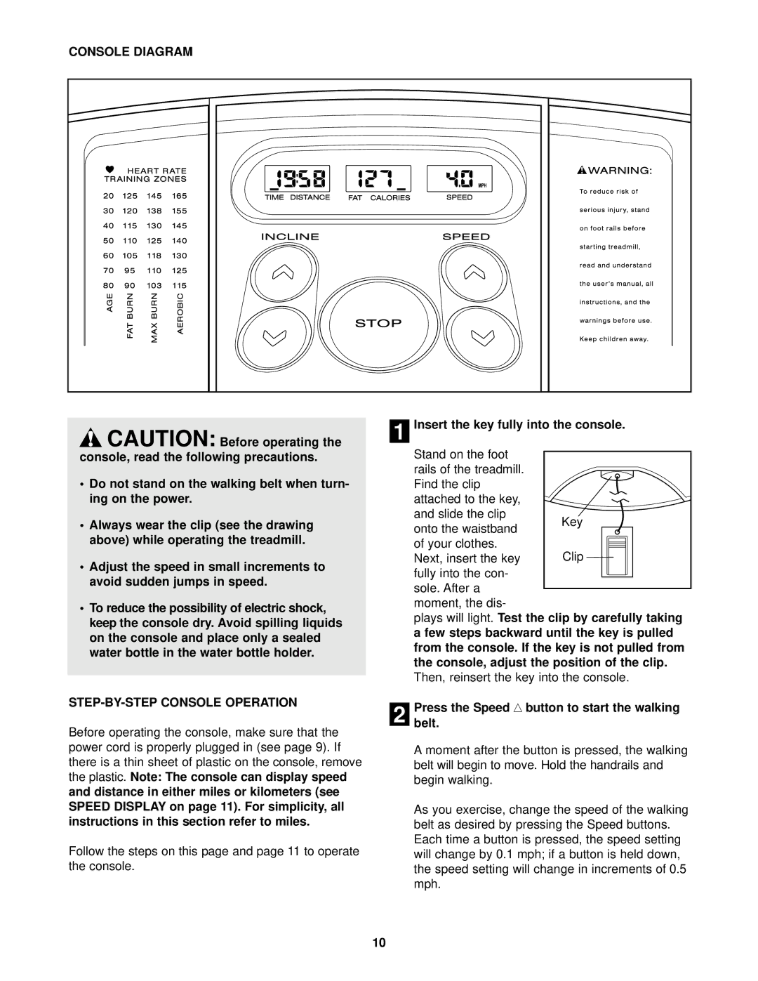 ProForm PFTL39120 user manual Console Diagram, STEP-BY-STEP Console Operation, Insert the key fully into the console 