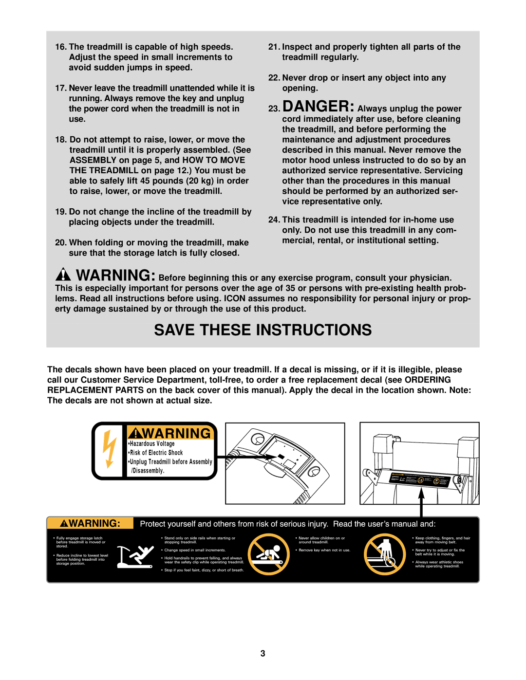 ProForm PFTL39120 user manual Unplug Treadmill before Assembly /Disassembly 