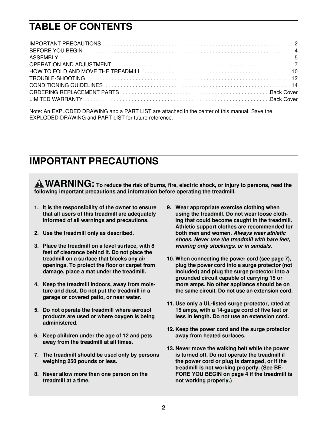 ProForm PFTL39190 user manual Table of Contents, Important Precautions 