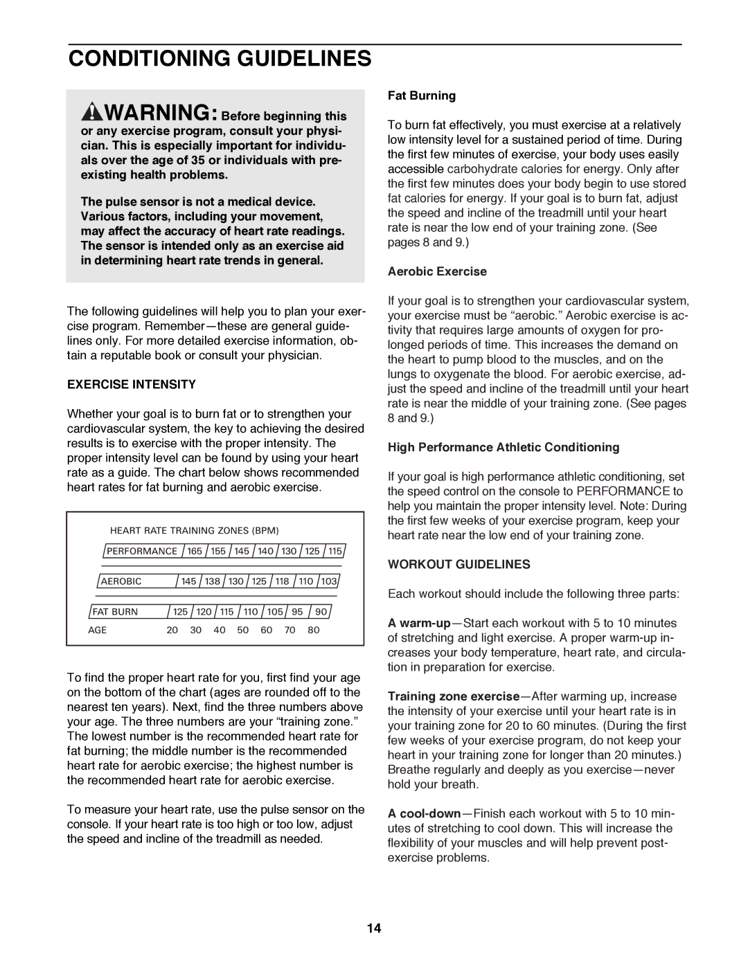 ProForm PFTL39191 user manual Conditioning Guidelines, Exercise Intensity, Workout Guidelines 