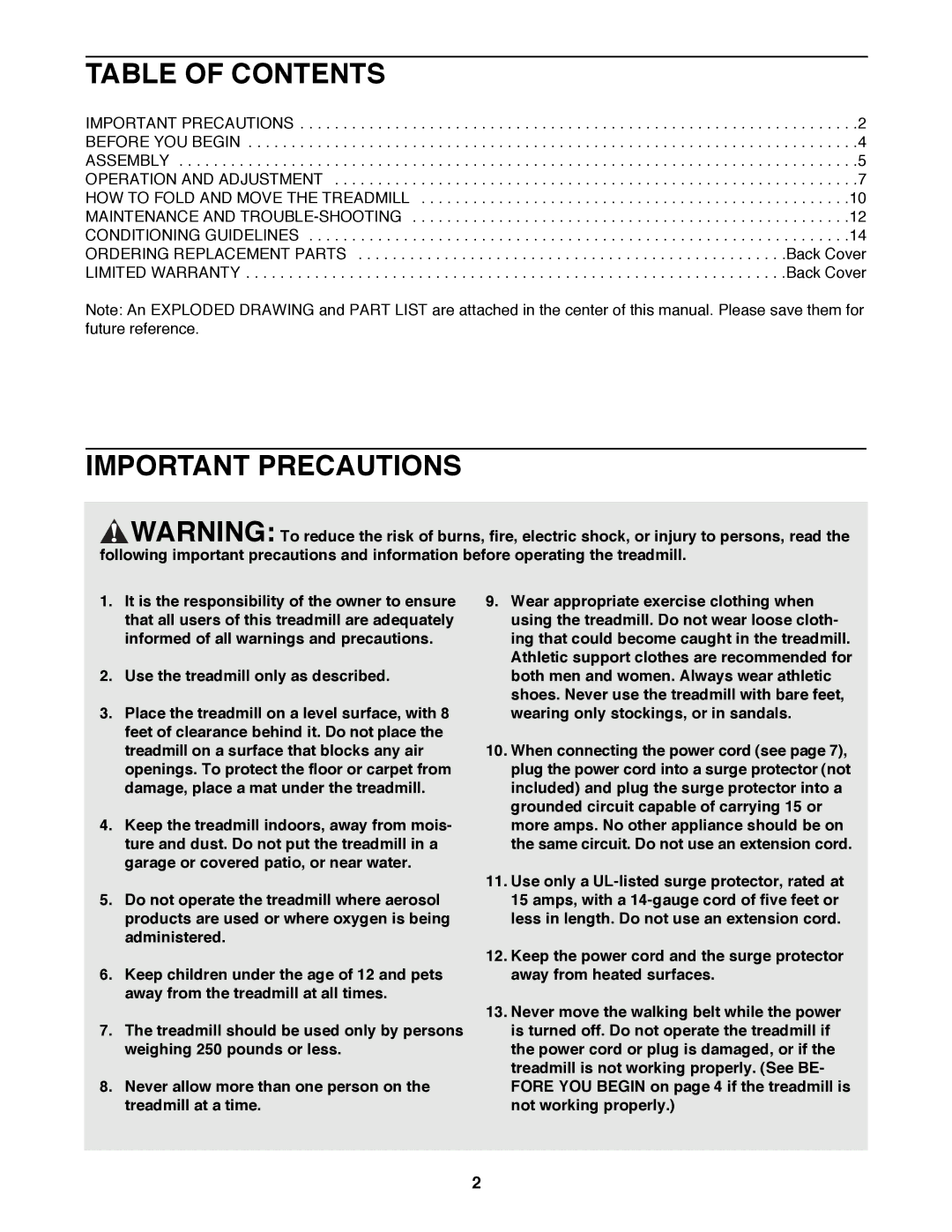 ProForm PFTL39191 user manual Table of Contents, Important Precautions 