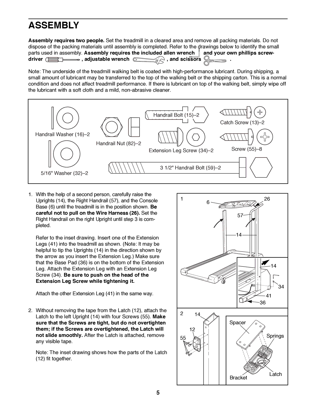 ProForm PFTL39191 user manual Assembly, Driver , adjustable wrench , and scissors, Extension Leg Screw while tightening it 