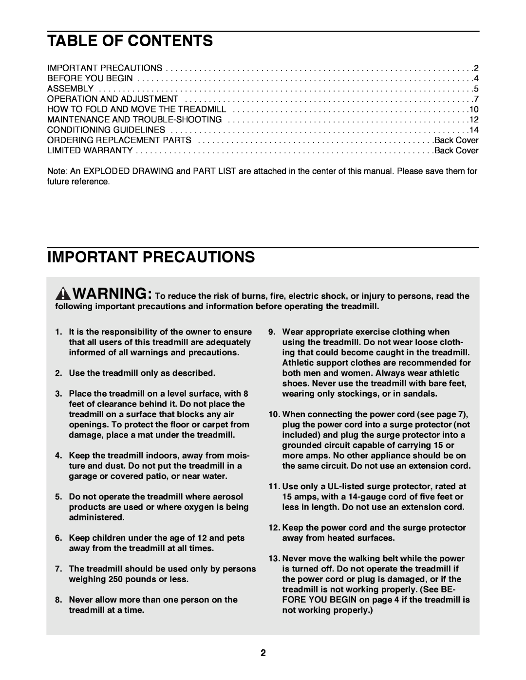 ProForm PFTL39191 user manual Table Of Contents, Important Precautions, Use the treadmill only as described 