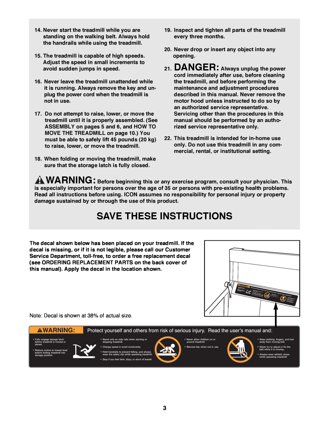 ProForm PFTL39191 user manual Save These Instructions, Inspect and tighten all parts of the treadmill every three months 
