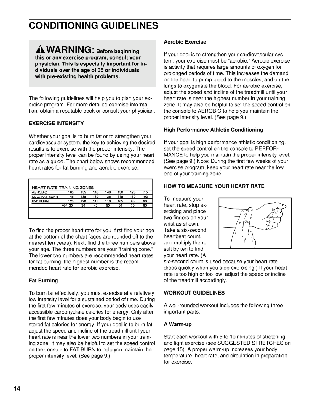 ProForm PFTL39193 Conditioning Guidelines, Exercise Intensity, HOW to Measure Your Heart Rate, Workout Guidelines 