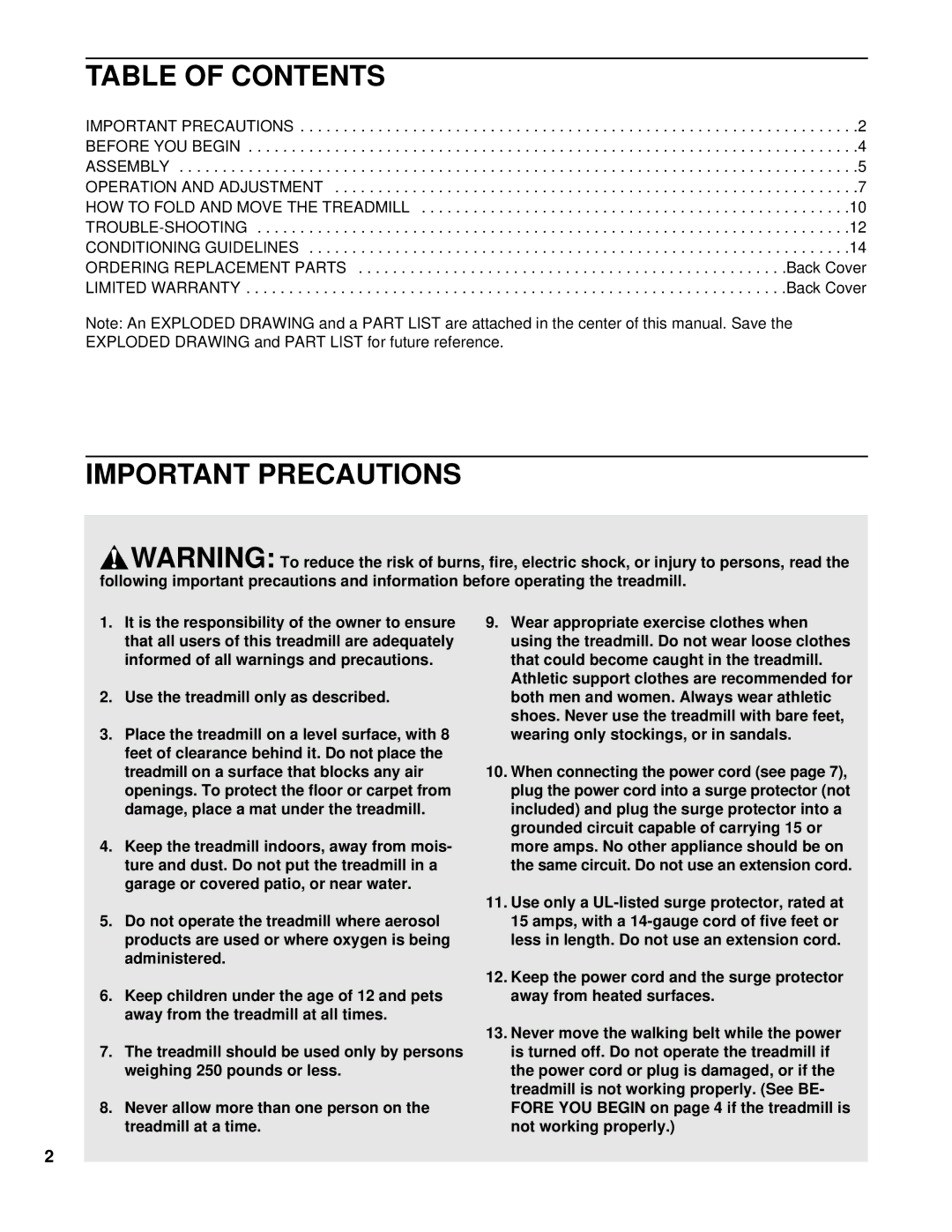 ProForm PFTL39193 user manual Table of Contents, Important Precautions 