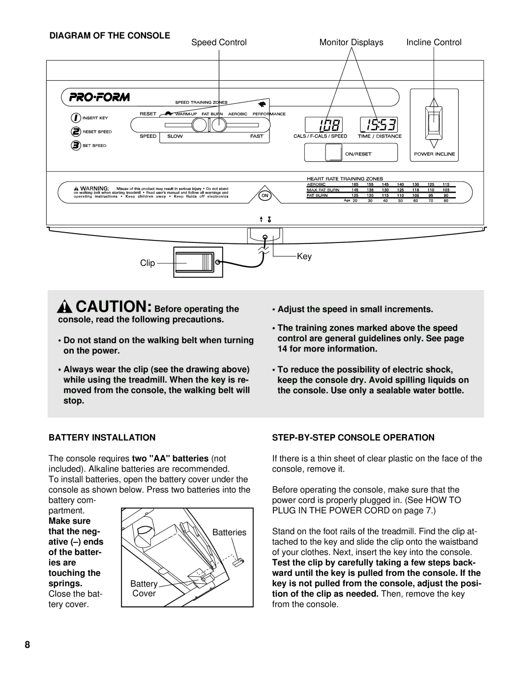 ProForm PFTL39193 user manual Diagram of the Console, Battery Installation, STEP-BY-STEP Console Operation 