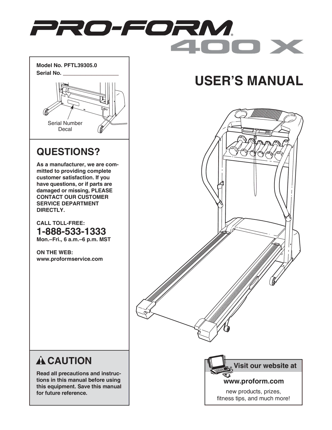 ProForm user manual Questions?, Model No. PFTL39305.0 Serial No, Call TOLL-FREE 