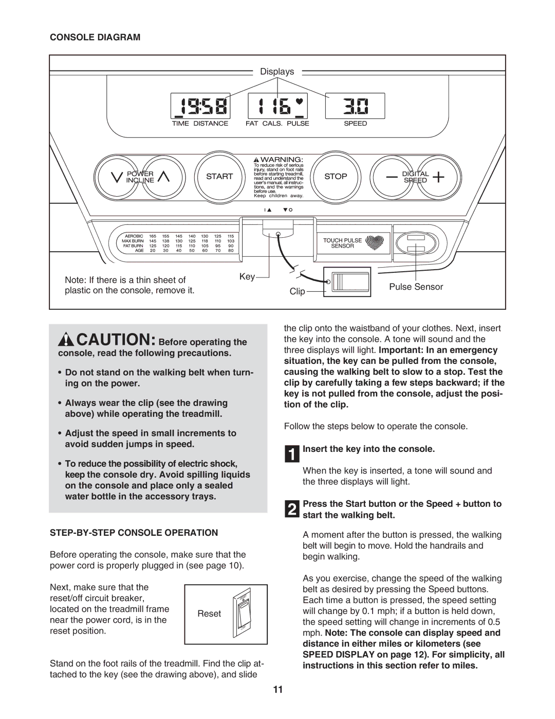 ProForm PFTL39305.0 user manual Console Diagram, STEP-BY-STEP Console Operation, Insert the key into the console 