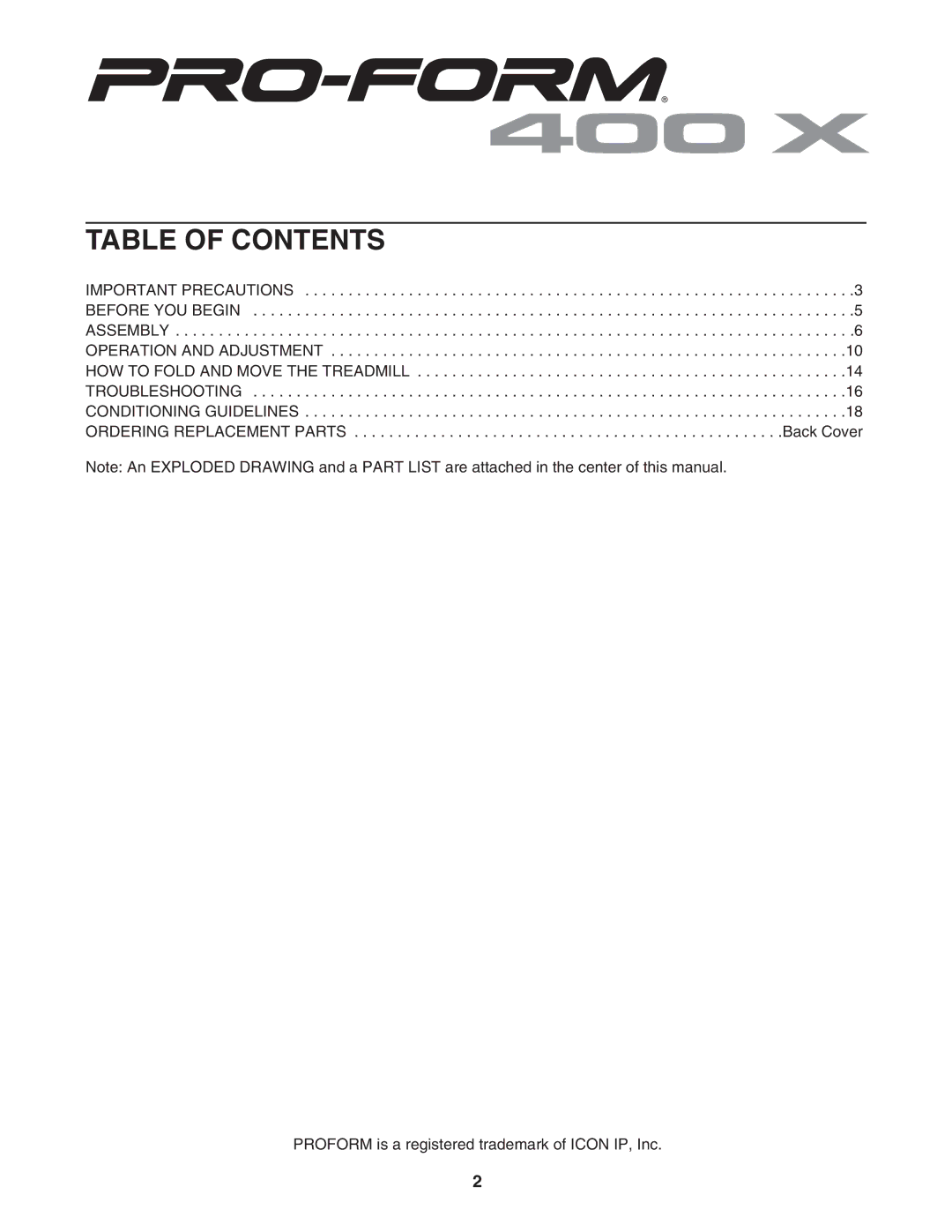 ProForm PFTL39305.0 user manual Table of Contents 