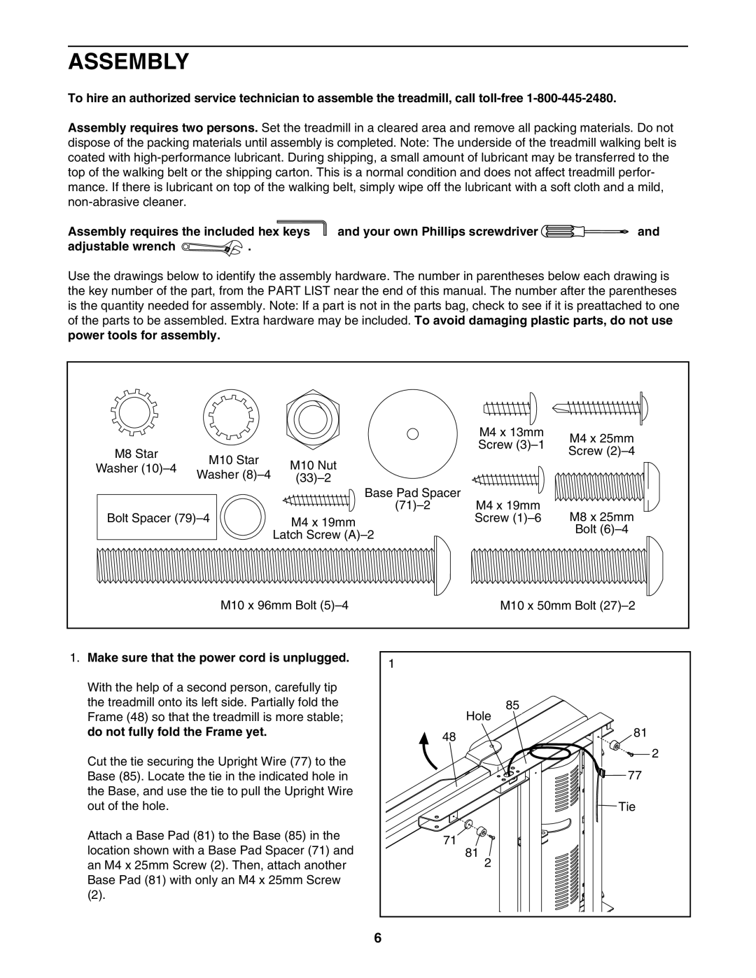 ProForm PFTL39507.1 user manual Assembly, Power tools for assembly, Make sure that the power cord is unplugged 