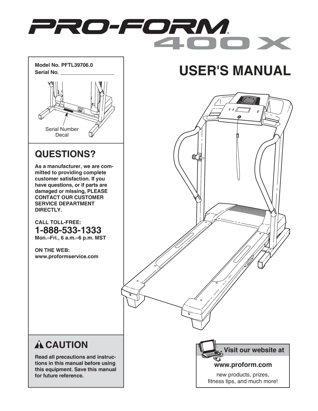 ProForm user manual Questions?, Model No. PFTL39706.0 Serial No, Call TOLL-FREE 