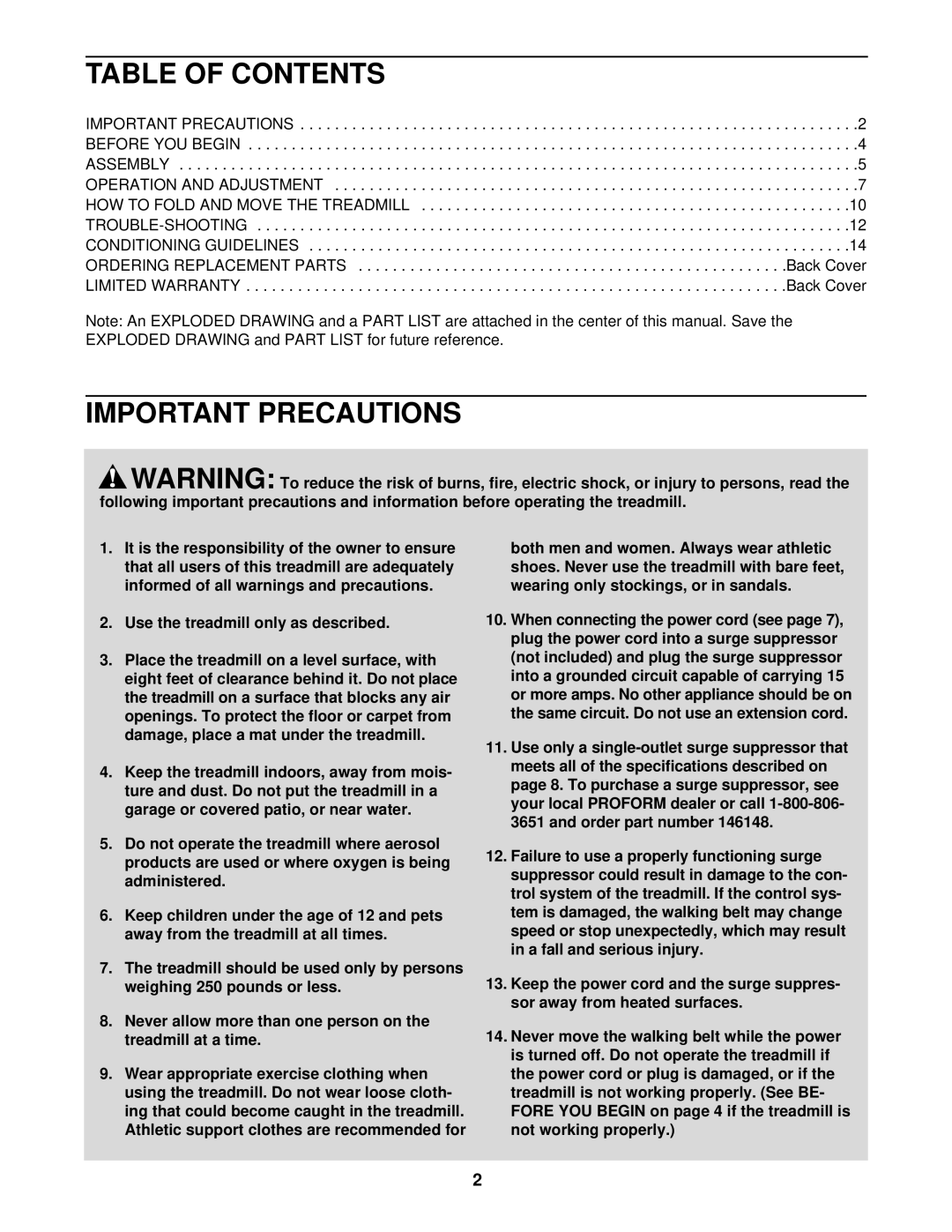 ProForm PFTL39710 user manual Table of Contents, Important Precautions 