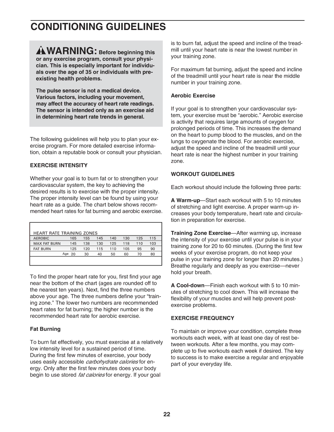 ProForm PFTL39907.0 user manual Conditioning Guidelines, Exercise Intensity, Workout Guidelines, Exercise Frequency 