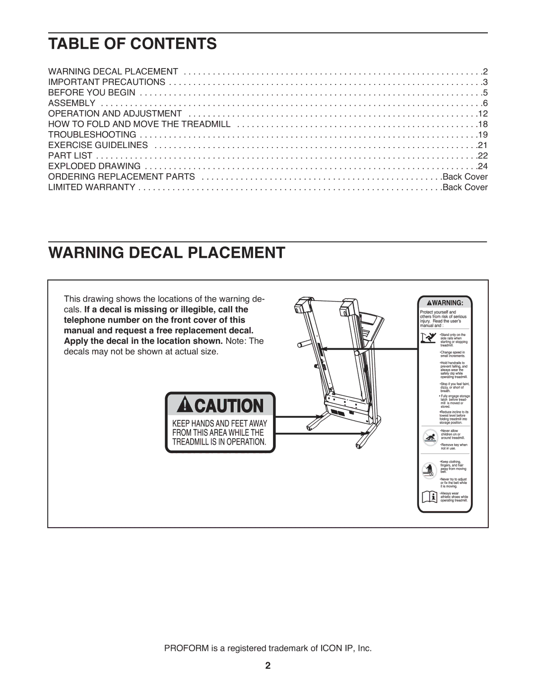 ProForm PFTL39908.0 manual Table of Contents 