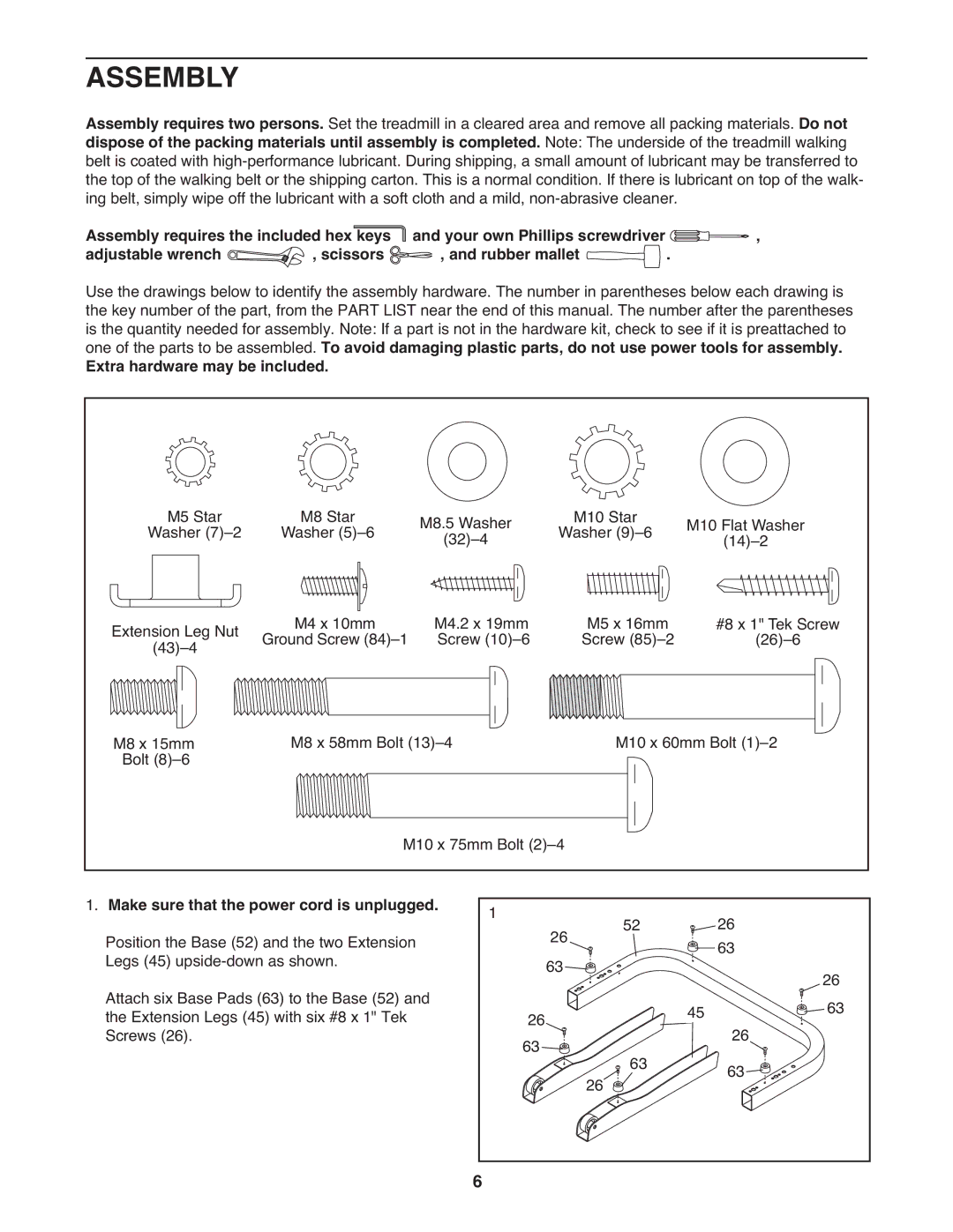 ProForm PFTL39908.0 manual Assembly, Extra hardware may be included, Make sure that the power cord is unplugged 