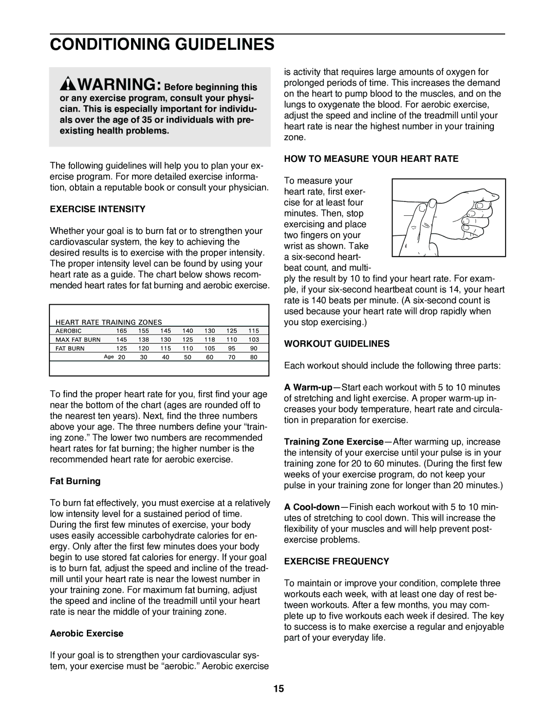 ProForm PFTL39920 Conditioning Guidelines, Exercise Intensity, HOW to Measure Your Heart Rate, Workout Guidelines 