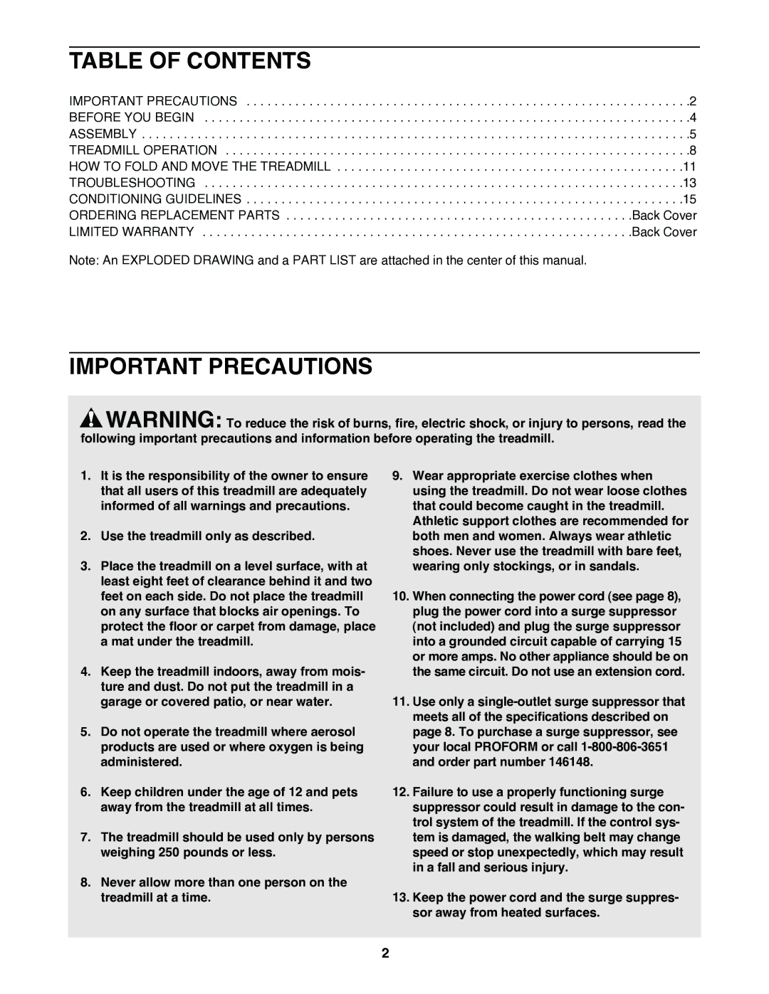 ProForm PFTL39920 user manual Table of Contents, Important Precautions 