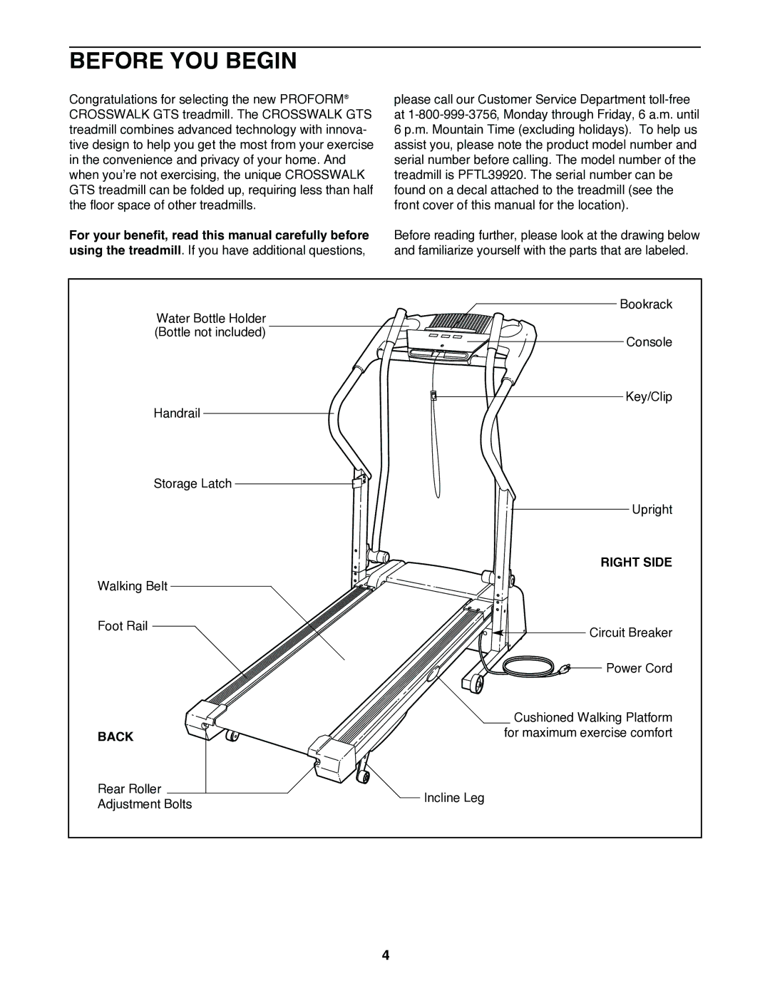 ProForm PFTL39920 user manual Before YOU Begin, Right Side, Back 