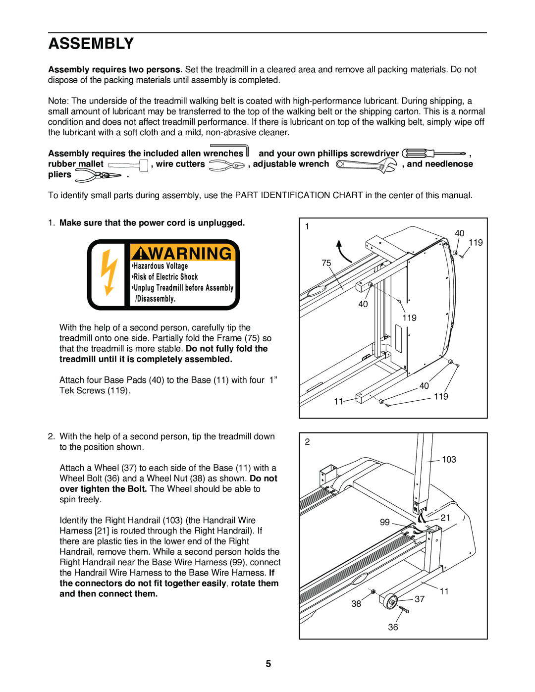 ProForm PFTL39920 user manual Assembly, Pliers, Make sure that the power cord is unplugged 