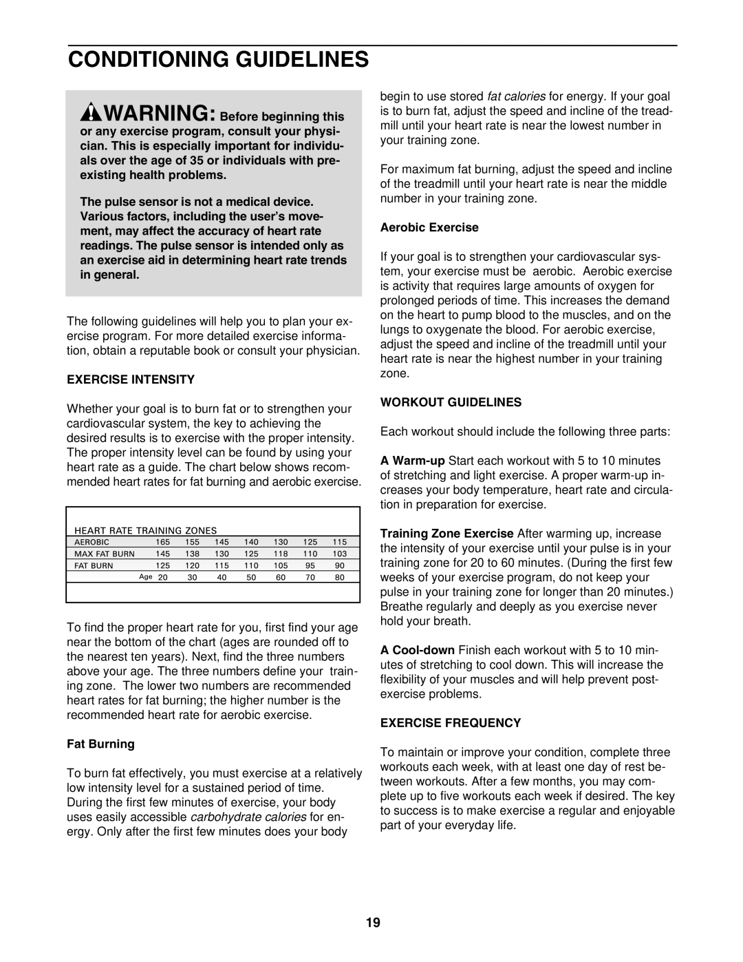 ProForm PFTL41105.0 user manual Conditioning Guidelines, Exercise Intensity, Workout Guidelines, Exercise Frequency 