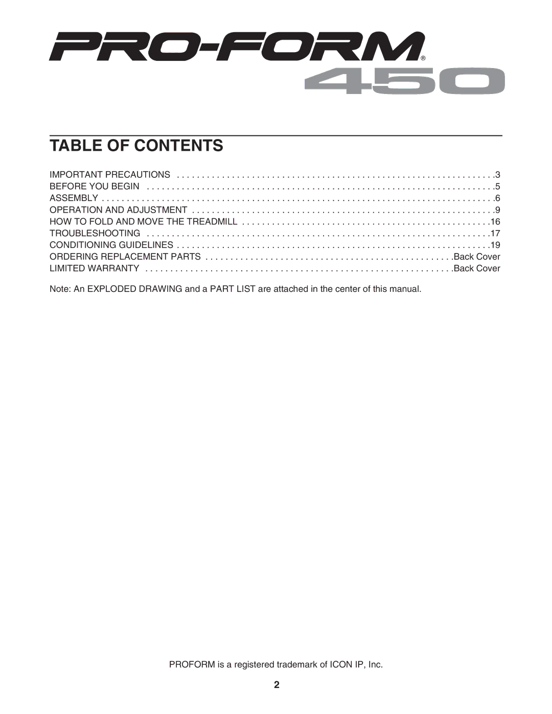 ProForm PFTL41105.0 user manual Table of Contents 