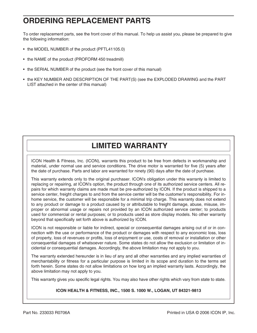 ProForm PFTL41105.0 Ordering Replacement Parts, Limited Warranty, Icon Health & FITNESS, INC., 1500 S W., LOGAN, UT 